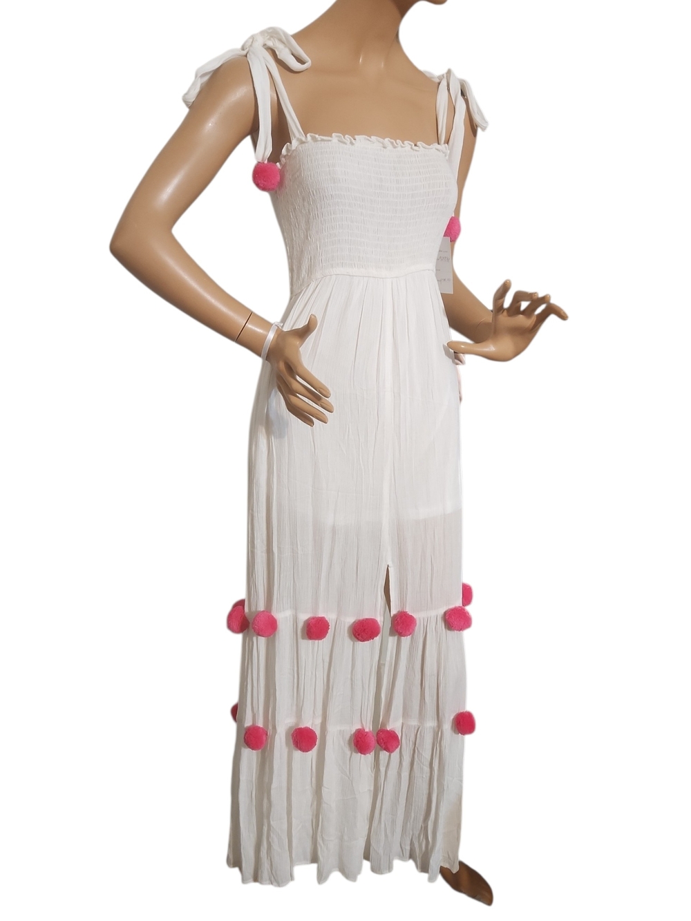 ANDREE BY UNIT White Maxi Dress with Pink Pom Accents